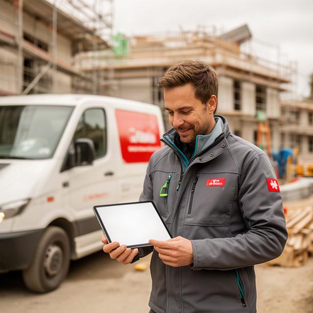 Monteuer mit Tablet auf einer Schweizer Baustelle neben einem Einsatzfahrzeug