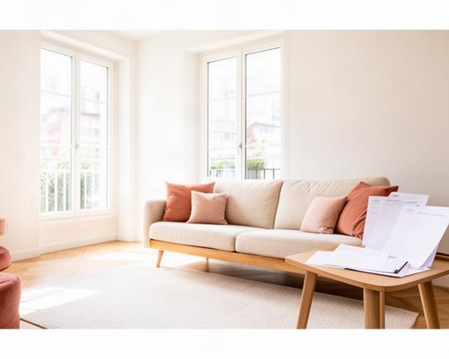 Helle Wohnstube mit grossen Fenstern, Sofa und dezenten Unterlagen einer Schweizer Immobilienverwaltung