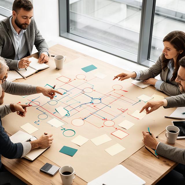 Workshop zur Prozessanalyse mit markierten Abläufen auf einem grossen Tisch in einem Schweizer KMU